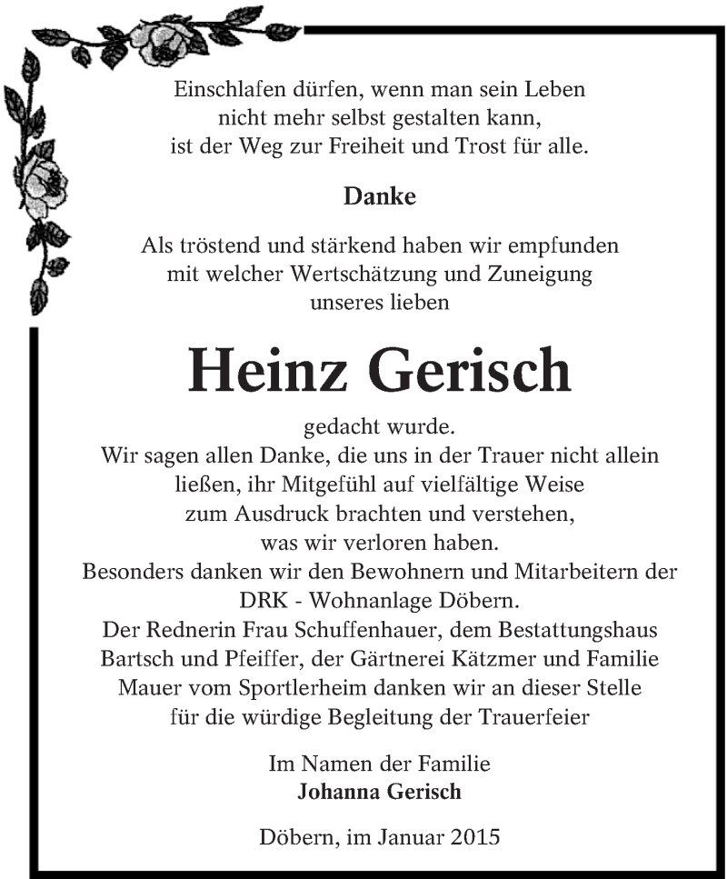 Traueranzeige für Heinz Gerisch vom 01.02.2015 aus lausitzer_rundschau