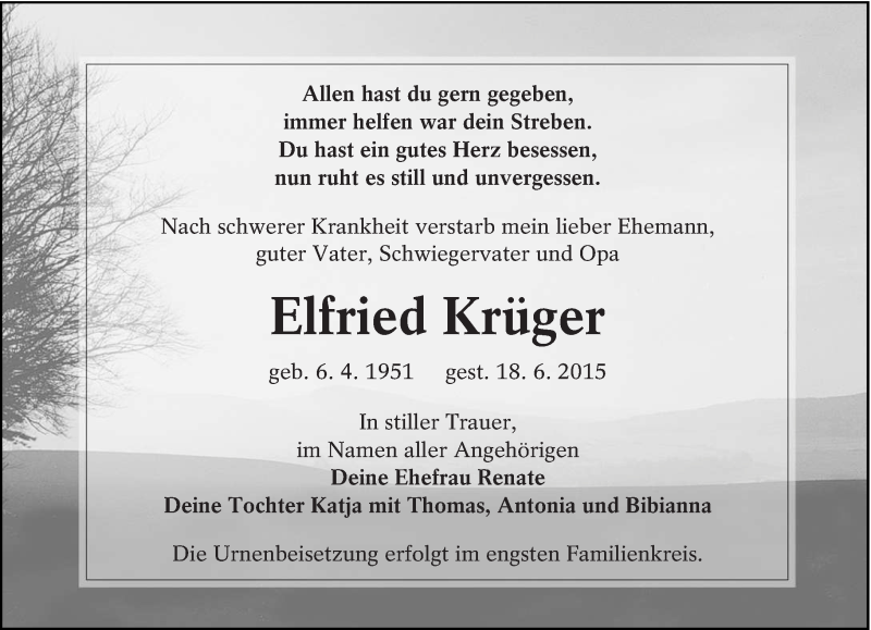  Traueranzeige für Elfried Krüger vom 20.06.2015 aus lausitzer_rundschau