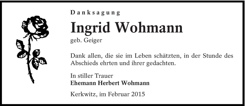  Traueranzeige für Ingrid Wohmann vom 14.02.2015 aus lausitzer_rundschau