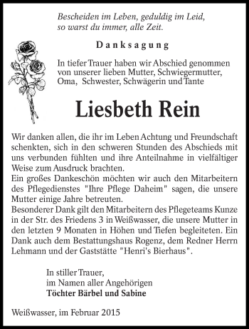 Traueranzeige von Liesbeth Rein von lausitzer_rundschau