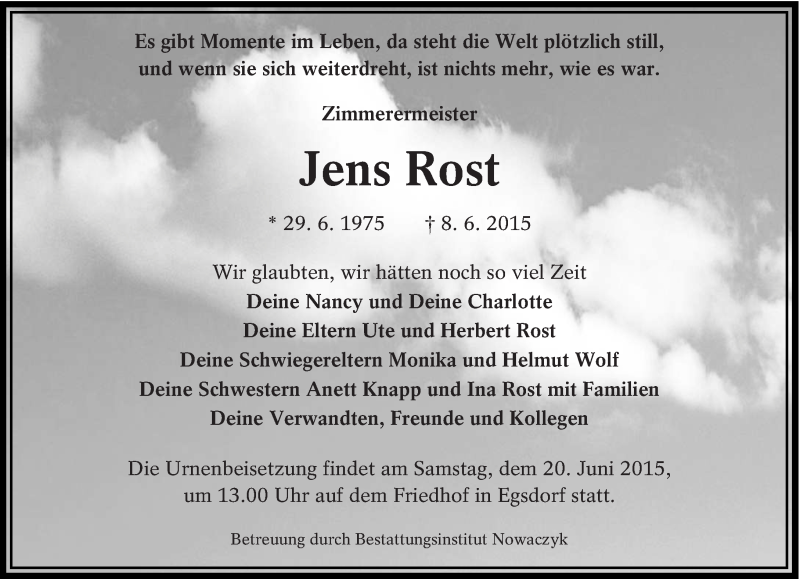  Traueranzeige für Jens Rost vom 13.06.2015 aus lausitzer_rundschau
