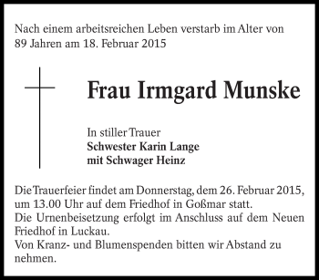 Traueranzeige von Irmgard Munske von lausitzer_rundschau