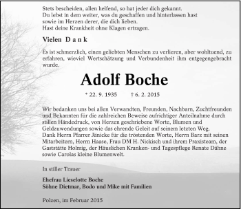 Traueranzeige von Adolf Boche von lausitzer_rundschau