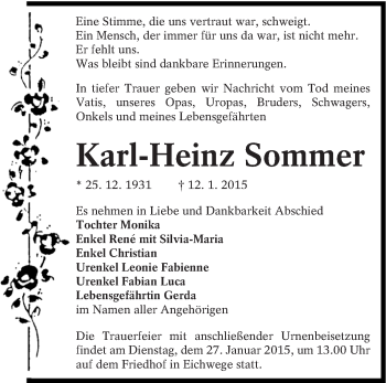 Traueranzeige von Karl-Heinz Sommer von lausitzer_rundschau