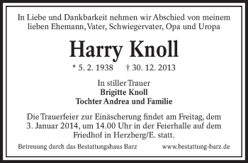 Traueranzeige von Harry Knoll von lausitzer_rundschau