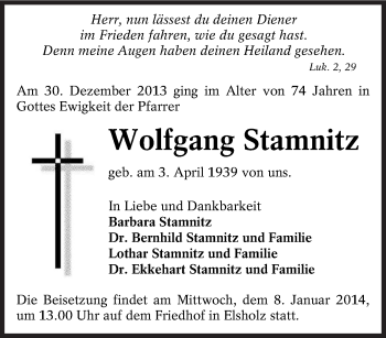 Traueranzeige von Wolfgang Stamnitz von lausitzer_rundschau