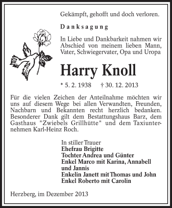 Traueranzeige von Harry Knoll von lausitzer_rundschau