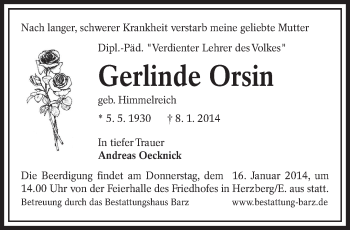 Traueranzeige von Gerlinde Orsin von lausitzer_rundschau