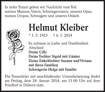 Traueranzeige von Helmut Kleiber von lausitzer_rundschau