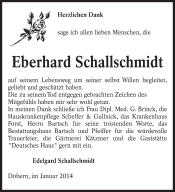 Traueranzeige von Eberhard Schallschmidt von lausitzer_rundschau