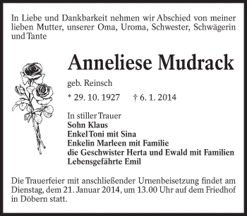 Traueranzeige von Anneliese Mudrack von lausitzer_rundschau
