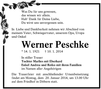 Traueranzeige von Werner Peschke von lausitzer_rundschau