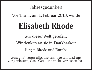 Traueranzeige von Elisabeth Rhode von lausitzer_rundschau