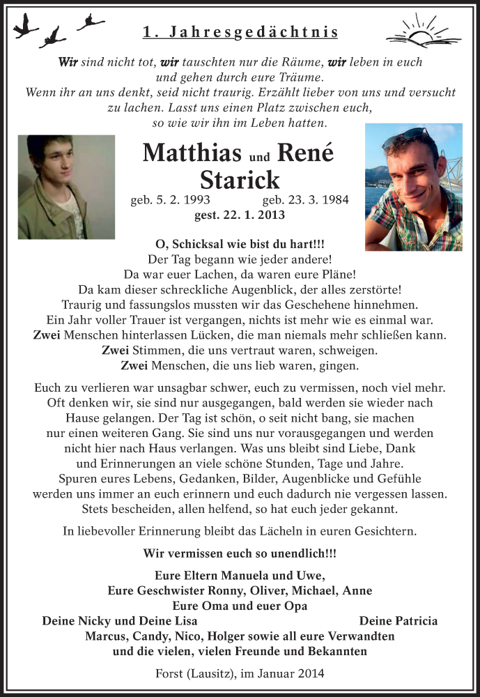  Traueranzeige für Matthias und René Starick vom 26.01.2014 aus lausitzer_rundschau