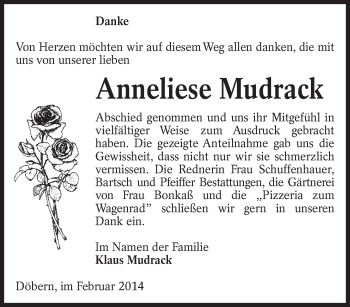 Traueranzeige von Anneliese Mudrack von lausitzer_rundschau