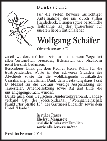 Traueranzeige von Wolfgang Schäfer von lausitzer_rundschau