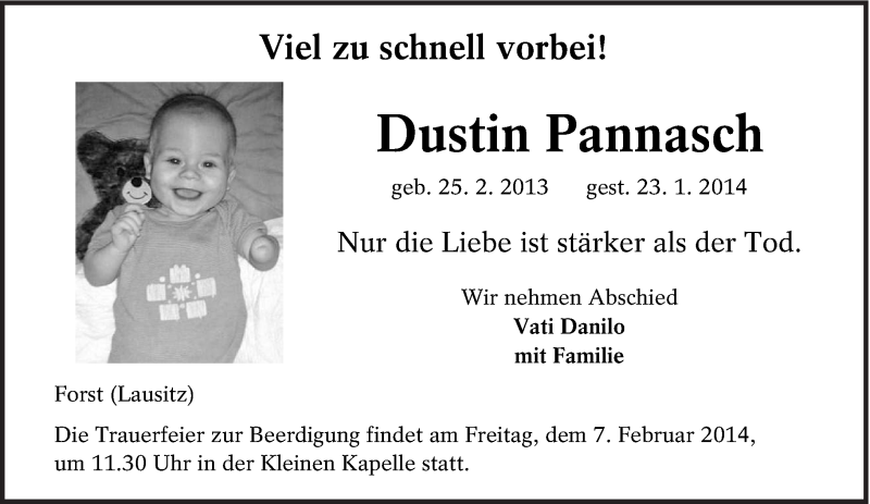  Traueranzeige für Dustin Pannasch vom 01.02.2014 aus lausitzer_rundschau