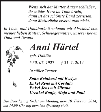Traueranzeige von Anni Härtel von lausitzer_rundschau