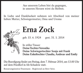 Traueranzeige von Erna Zock von lausitzer_rundschau