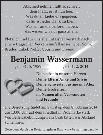 Traueranzeige von Benjamin Wassermann von lausitzer_rundschau