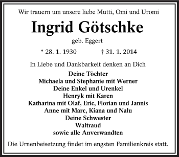 Traueranzeige von Ingrid Götschke von lausitzer_rundschau