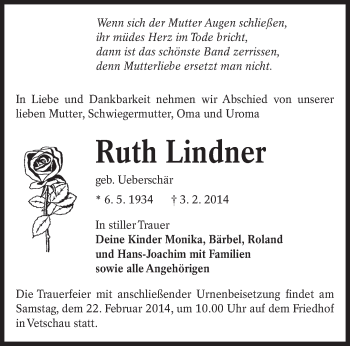Traueranzeige von Ruth Lindner von lausitzer_rundschau