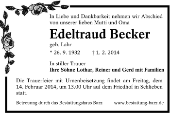 Traueranzeige von Edeltraud Becker von lausitzer_rundschau