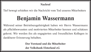 Traueranzeige von Benjamin Wassermann von lausitzer_rundschau
