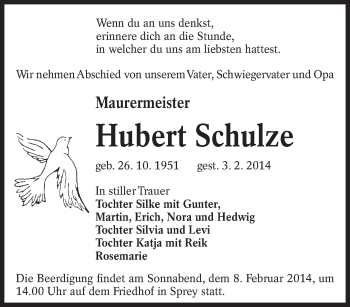 Traueranzeige von Hubert Schulze von lausitzer_rundschau