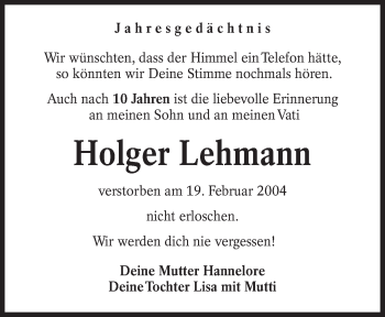 Traueranzeige von Holger Lehmann von lausitzer_rundschau