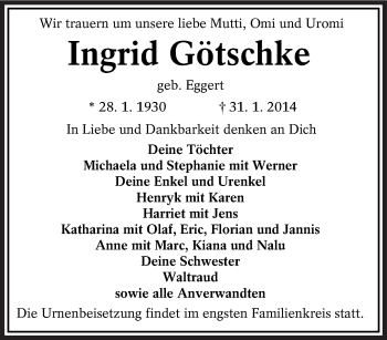 Traueranzeige von Ingrid Götschke von lausitzer_rundschau