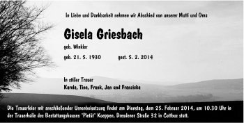 Traueranzeige von Gisela Griesbach von lausitzer_rundschau