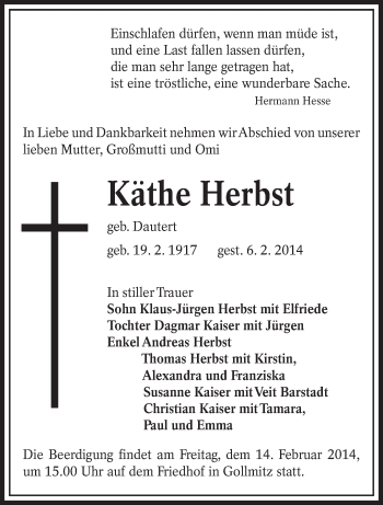 Traueranzeige von Käthe Herbst von lausitzer_rundschau