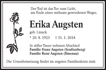 Traueranzeige von Erika Augsten von lausitzer_rundschau