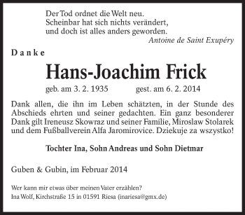 Traueranzeige von Hans-Joachim Frick von lausitzer_rundschau