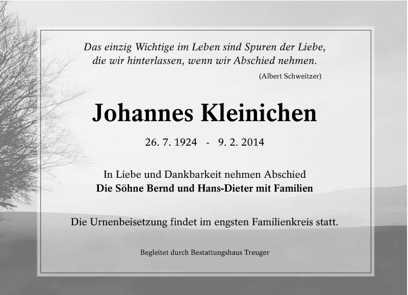  Traueranzeige für Johannes Kleinichen vom 15.02.2014 aus lausitzer_rundschau