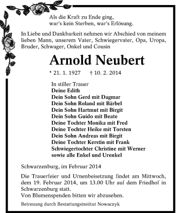 Traueranzeige von Arnold Neubert von lausitzer_rundschau
