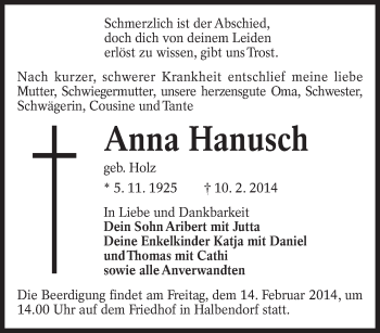 Traueranzeige von Anna Hanusch von lausitzer_rundschau