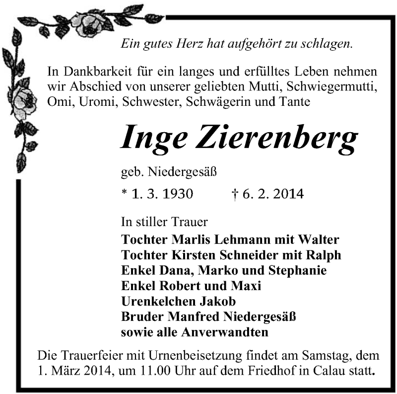  Traueranzeige für Inge Zierenberg vom 15.02.2014 aus lausitzer_rundschau
