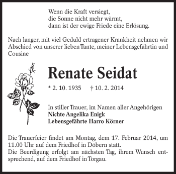 Traueranzeige von Renate Seidat von lausitzer_rundschau