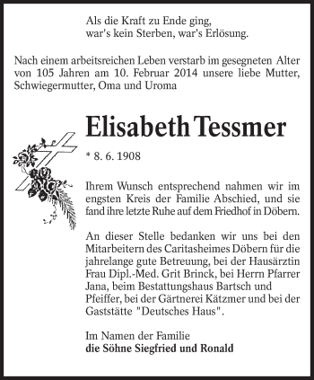Traueranzeige von Elisabeth Tessmer von lausitzer_rundschau