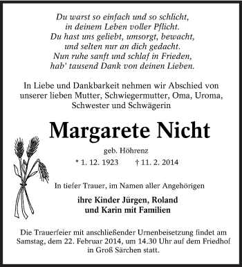 Traueranzeige von Margarete Nicht von lausitzer_rundschau