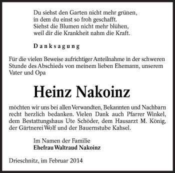 Traueranzeige von Heinz Nakoinz von lausitzer_rundschau