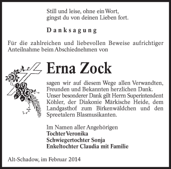 Traueranzeige von Erna Zock von lausitzer_rundschau