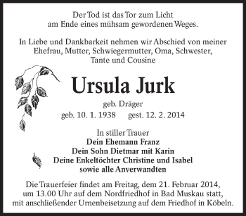 Traueranzeige von Ursula Jurk von lausitzer_rundschau
