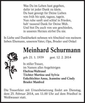Traueranzeige von Meinhard Schurmann von lausitzer_rundschau