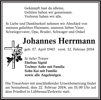 Traueranzeige von Johannes Herrmann von lausitzer_rundschau