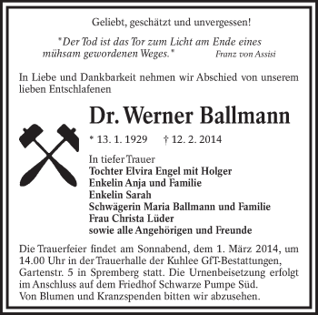 Traueranzeige von Werner Ballmann von lausitzer_rundschau