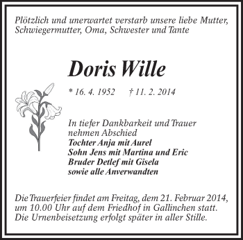Traueranzeige von Doris Wille von lausitzer_rundschau