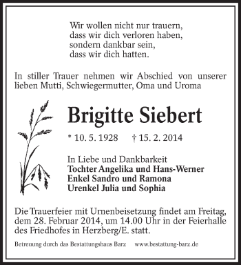 Traueranzeige von Brigitte Siebert von lausitzer_rundschau